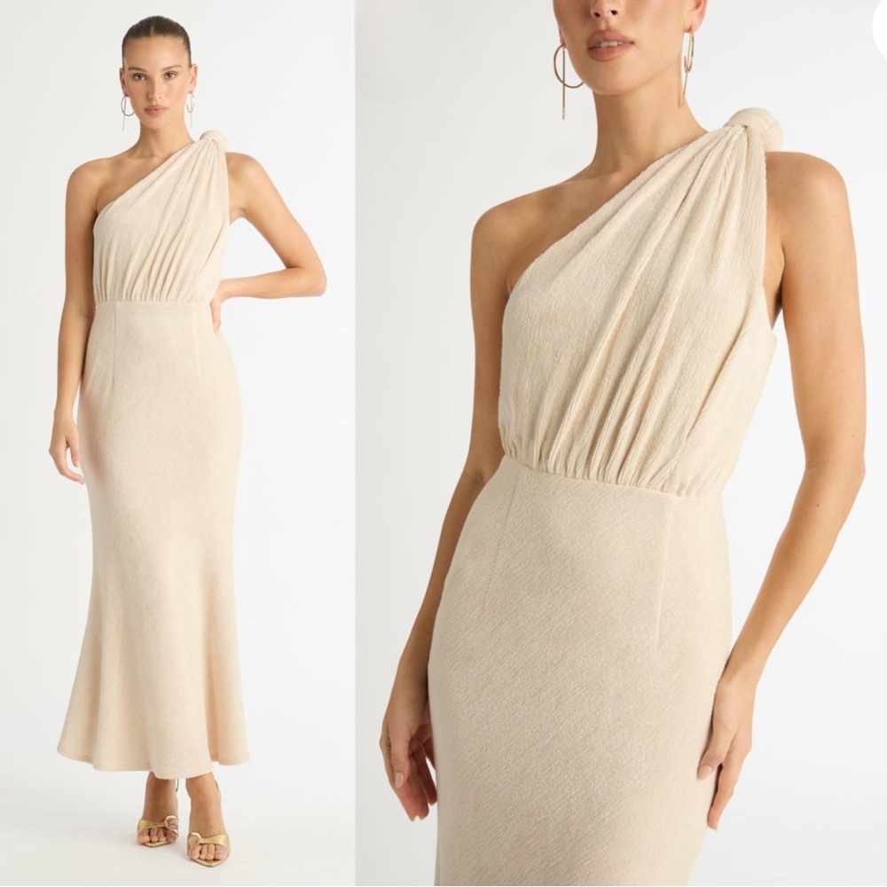 SHEIKE Australia Neutral Beige Ecru Textured One Shoulder Knot Draped Maxi Dress